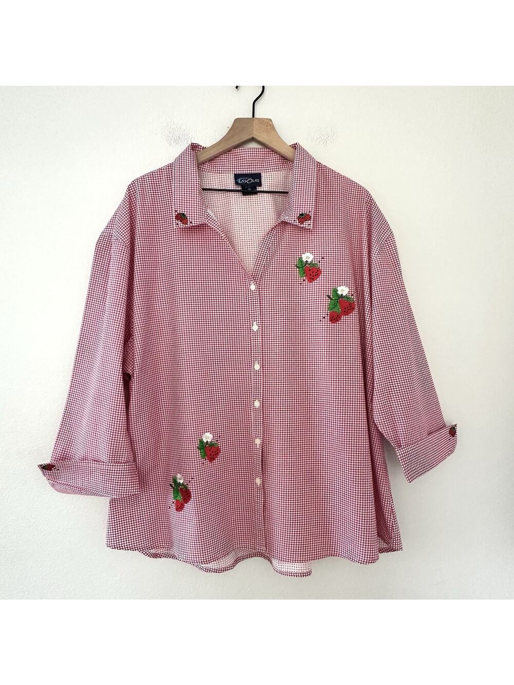 Vintage Las Olas Embroidered Strawberries Gingham Shirt Sz 3X Red White Cottage